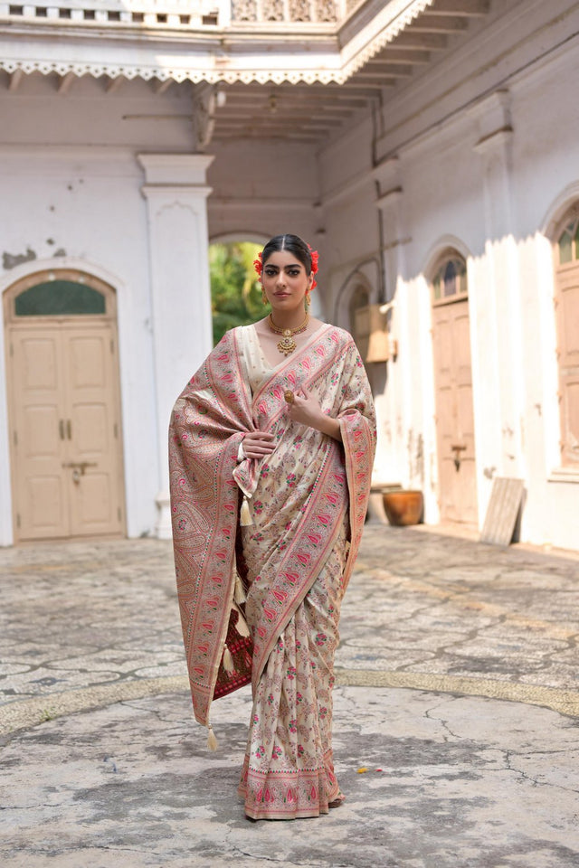 Cream Floral Woven Art Silk Saree (Eth_SR_208)