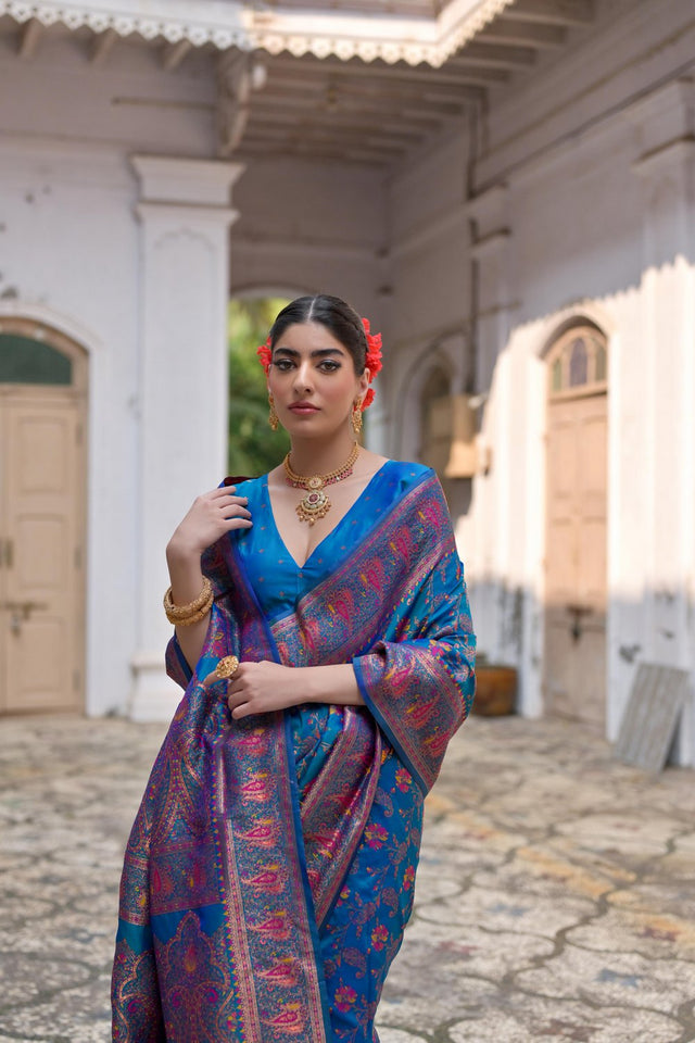 Turquoise Floral Woven Art Silk Saree (Eth_SR_209)