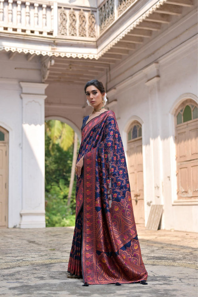 Navy Blue Floral Woven Art Silk Saree (Eth_SR_210)