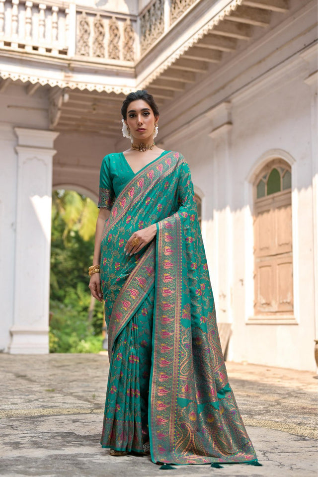 Turquoise Floral Woven Art Silk Saree (Eth_SR_211)