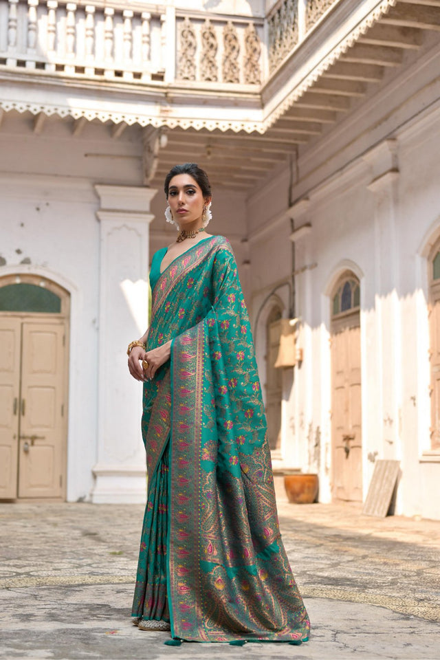 Turquoise Floral Woven Art Silk Saree (Eth_SR_211)