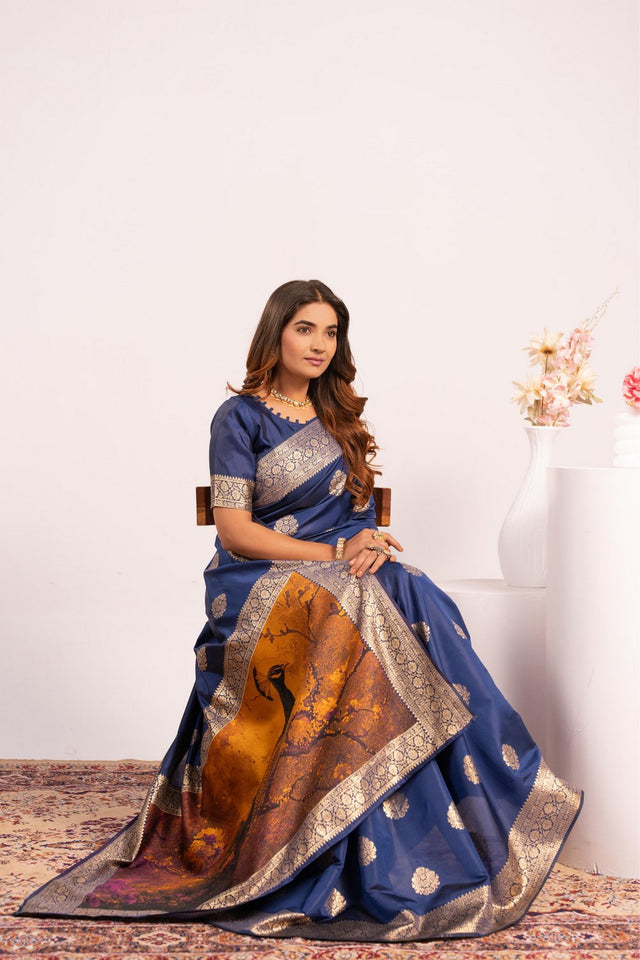 Navy Blue Floral Woven Art Silk Saree (Eth_SR_215)