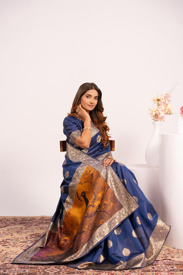 Navy Blue Floral Woven Art Silk Saree (Eth_SR_215)