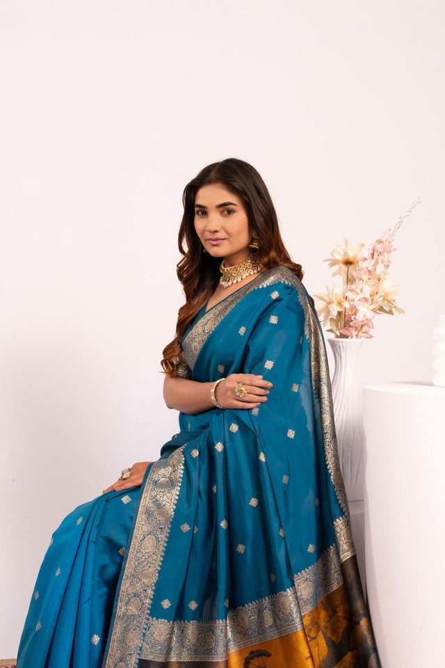 Turquoise Floral Woven Art Silk Saree (Eth_SR_221)