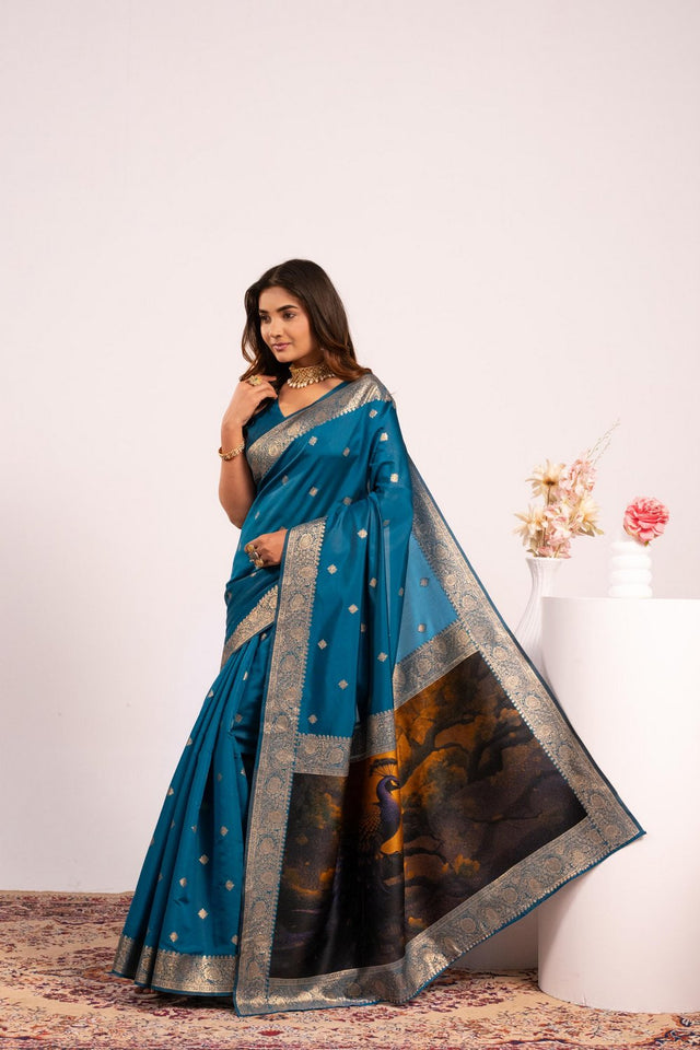 Turquoise Floral Woven Art Silk Saree (Eth_SR_221)