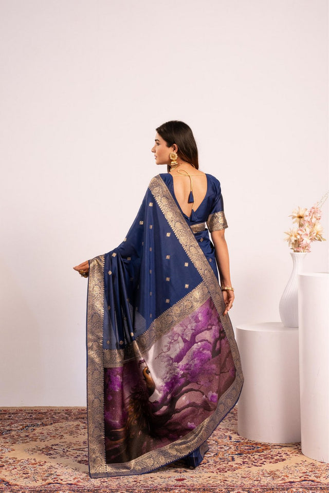 Navy Blue Floral Woven Art Silk Saree (Eth_SR_223)