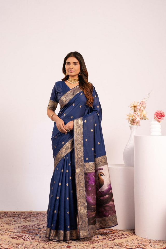 Navy Blue Floral Woven Art Silk Saree (Eth_SR_223)
