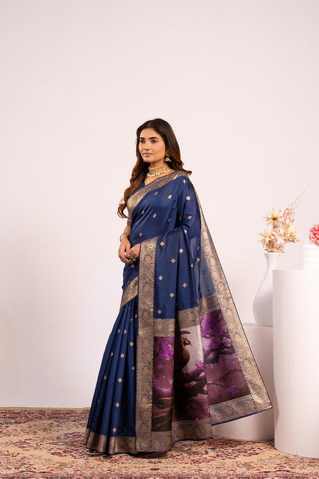 Navy Blue Floral Woven Art Silk Saree (Eth_SR_223)