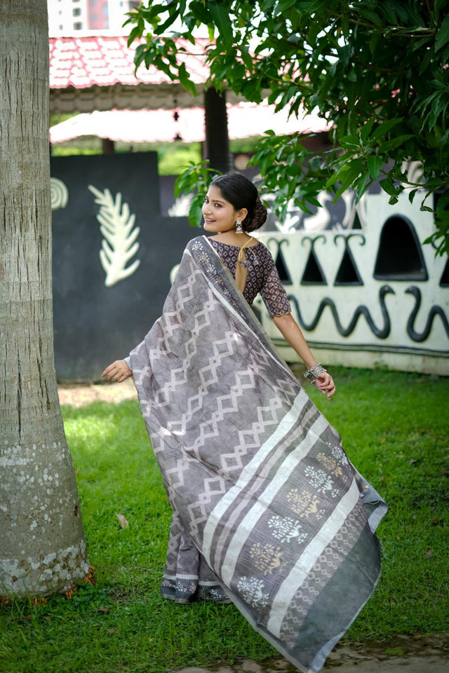 Grey Printed Art Silk Saree (Eth_SR_247)