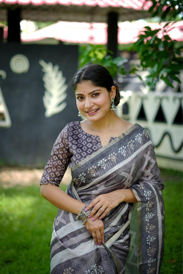 Grey Printed Art Silk Saree (Eth_SR_247)
