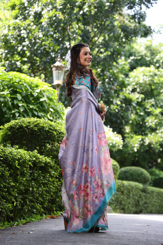Grey Floral Printed Art Silk Saree (Eth_SR_253)