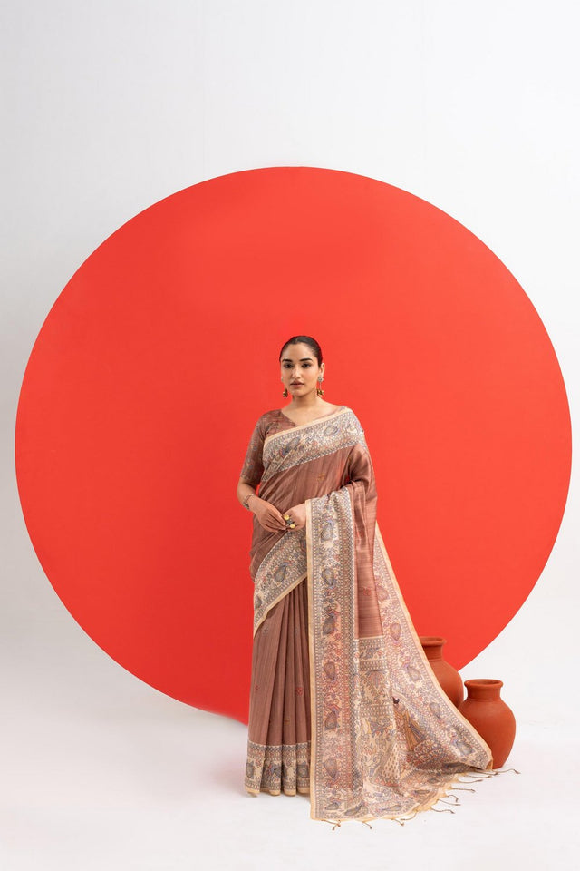 Brown Printed Art Silk Saree (Eth_SR_277)