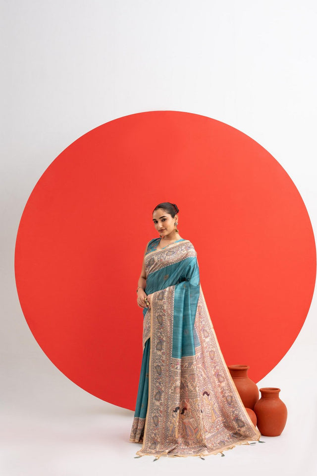 Turquoise Printed Art Silk Saree (Eth_SR_279)