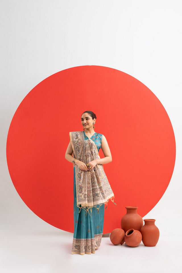Turquoise Printed Art Silk Saree (Eth_SR_279)