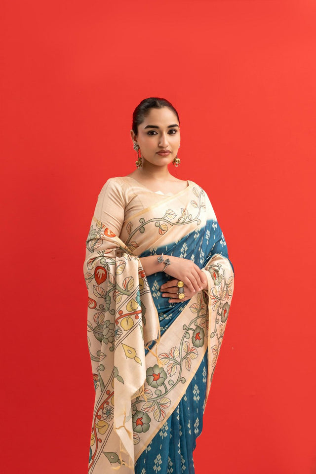 Turquoise Printed Art Silk Saree (Eth_SR_281)