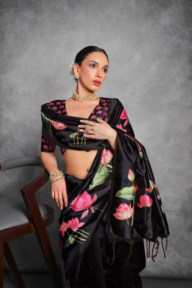 Black Floral Printed Art Silk Saree (Eth_SR_282)