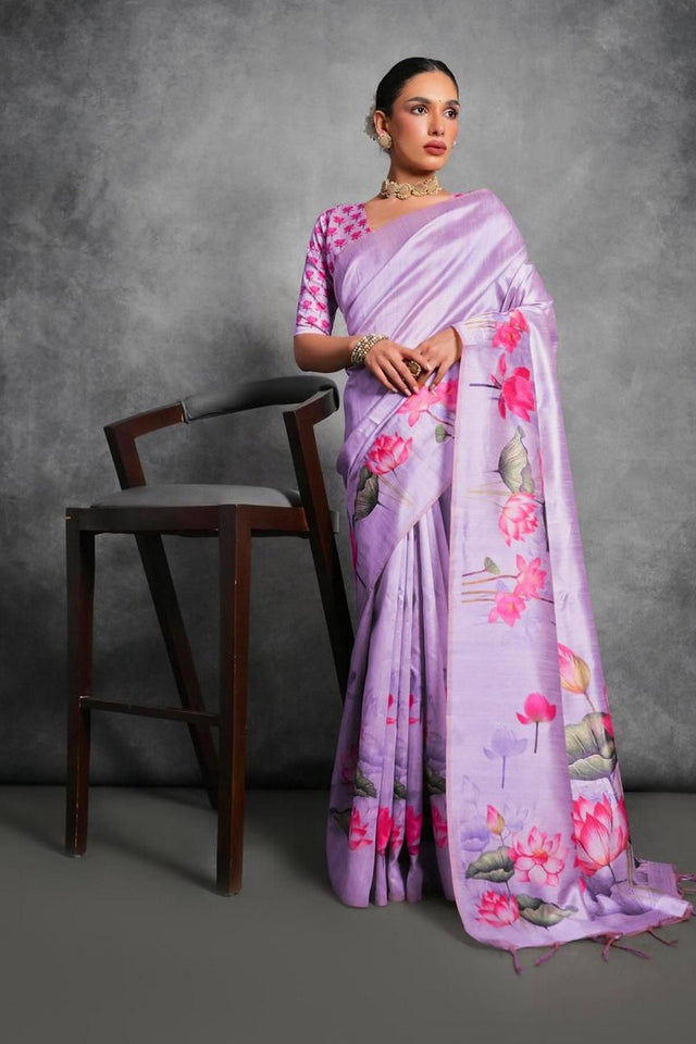 Purple Floral Printed Art Silk Saree (Eth_SR_289)