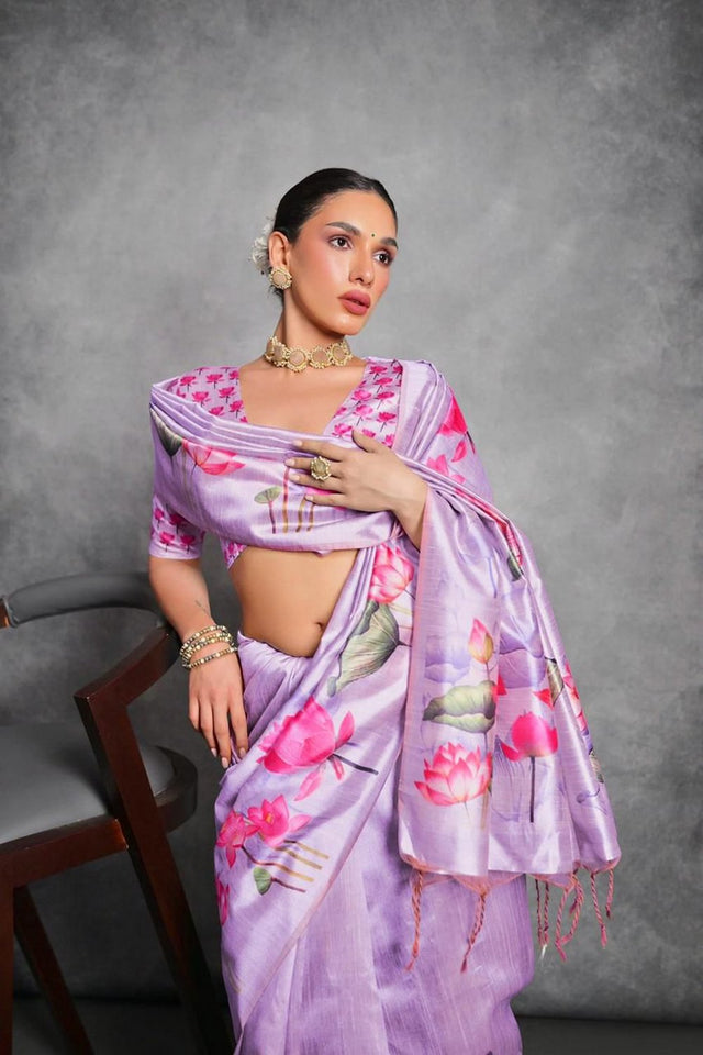 Purple Floral Printed Art Silk Saree (Eth_SR_289)