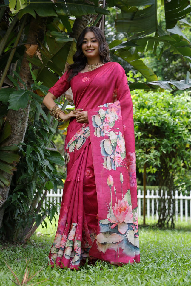 Pink Floral Printed Art Silk Saree (Eth_SR_292)