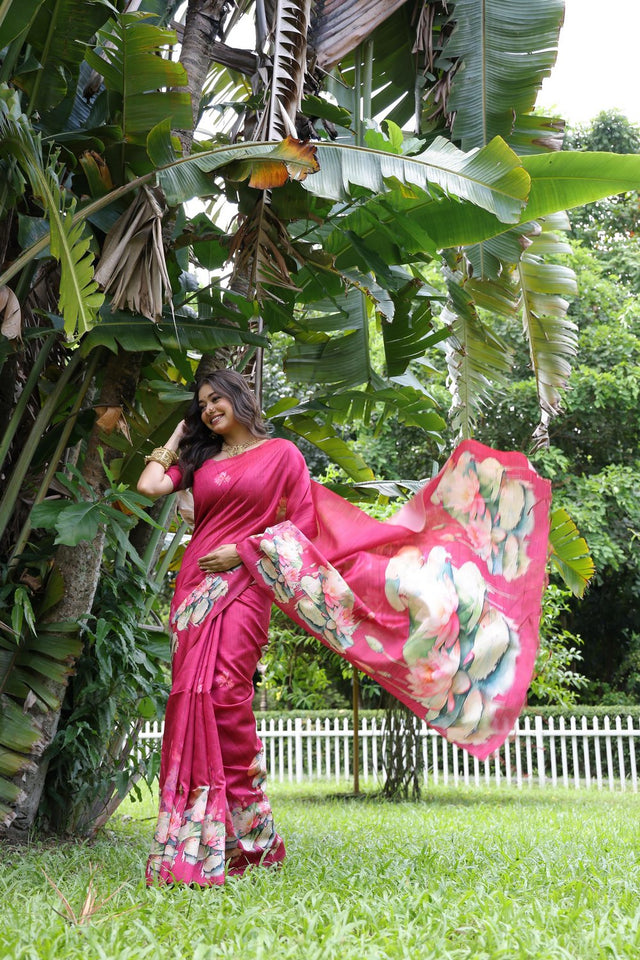 Pink Floral Printed Art Silk Saree (Eth_SR_292)