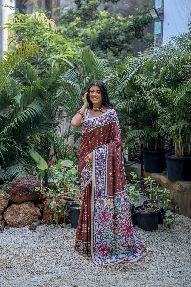 Brown Printed Art Silk Saree (Eth_SR_298)
