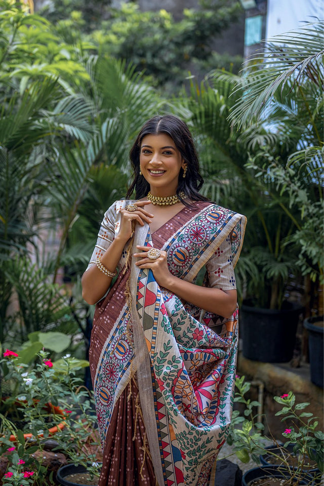 Brown Printed Art Silk Saree (Eth_SR_298)