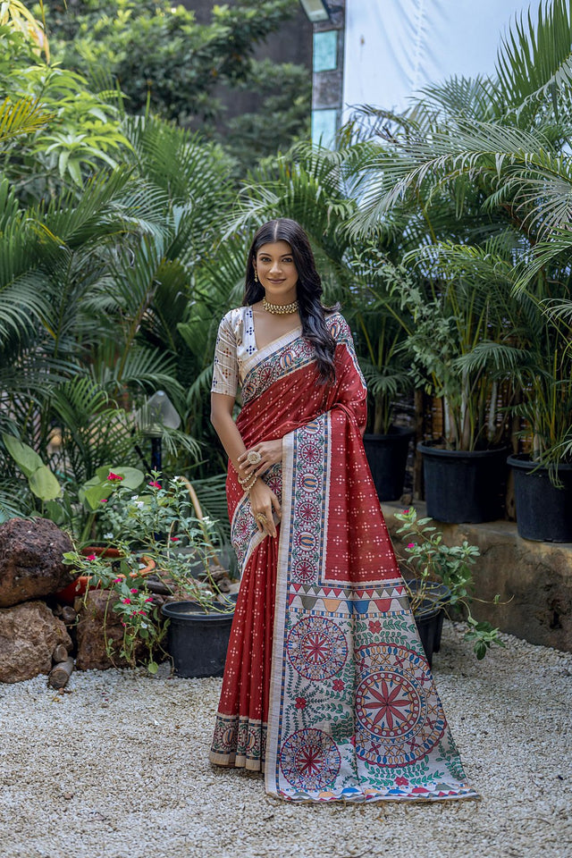 Red Printed Art Silk Saree (Eth_SR_301)