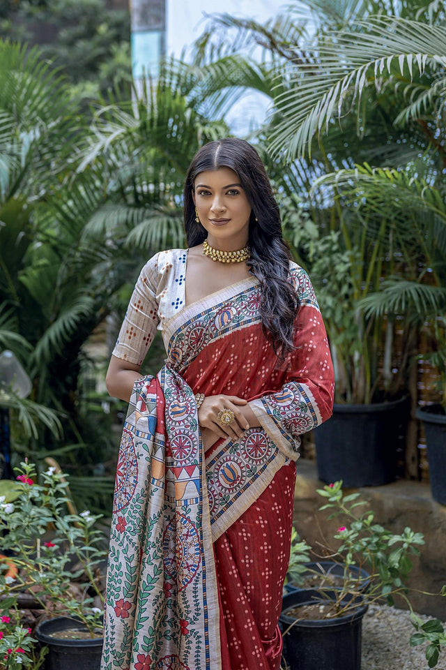 Red Printed Art Silk Saree (Eth_SR_301)