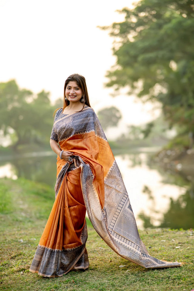 Orange Printed Art Silk Saree (Eth_SR_304)