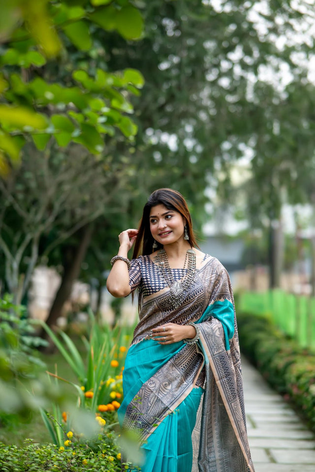 Turquoise Floral Printed Art Silk Saree (Eth_SR_310)
