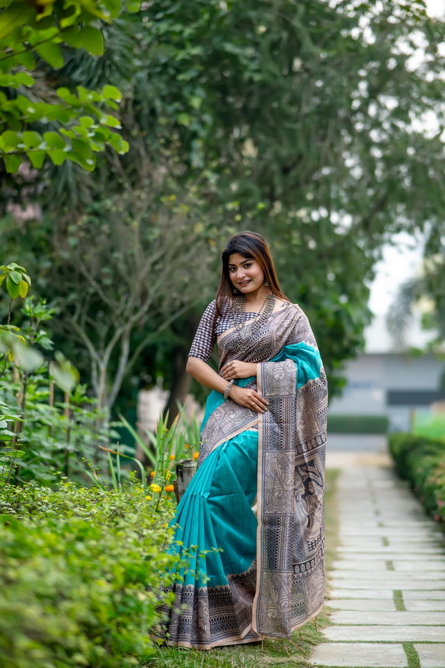 Turquoise Floral Printed Art Silk Saree (Eth_SR_310)