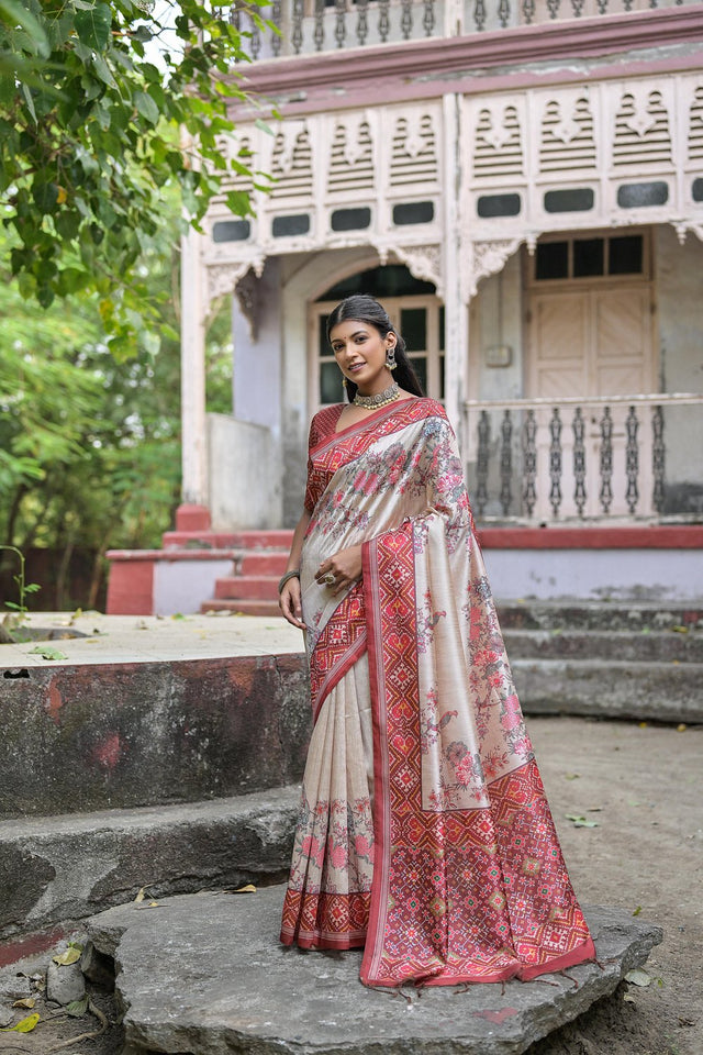 Brown Floral Printed Art Silk Saree (Eth_SR_313)