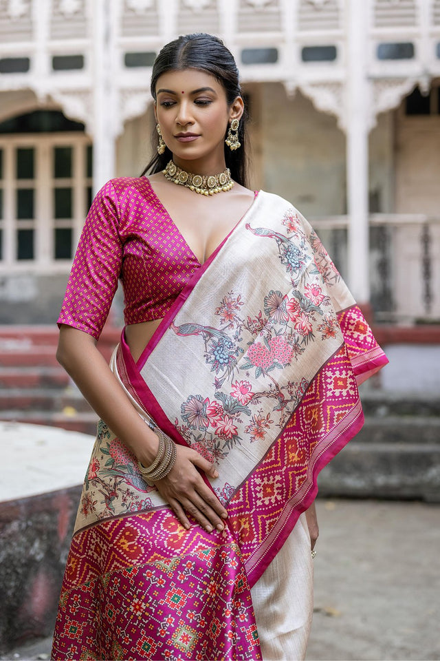 Magenta Floral Printed Art Silk Saree (Eth_SR_315)