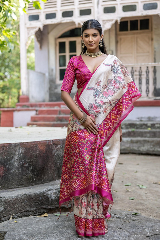 Magenta Floral Printed Art Silk Saree (Eth_SR_315)