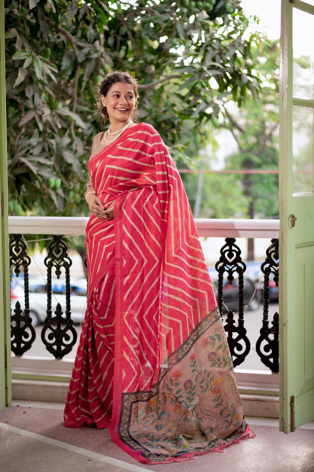 Pink Line Printed Art Silk Saree (Eth_SR_98)