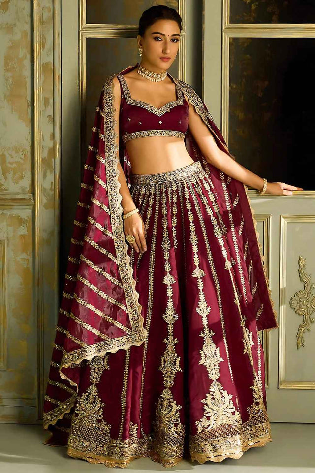 Maroon Embroidered Silk Lehenga