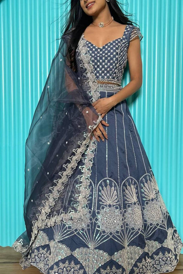 Grey Sequin with Embroidered Silk Lehenga