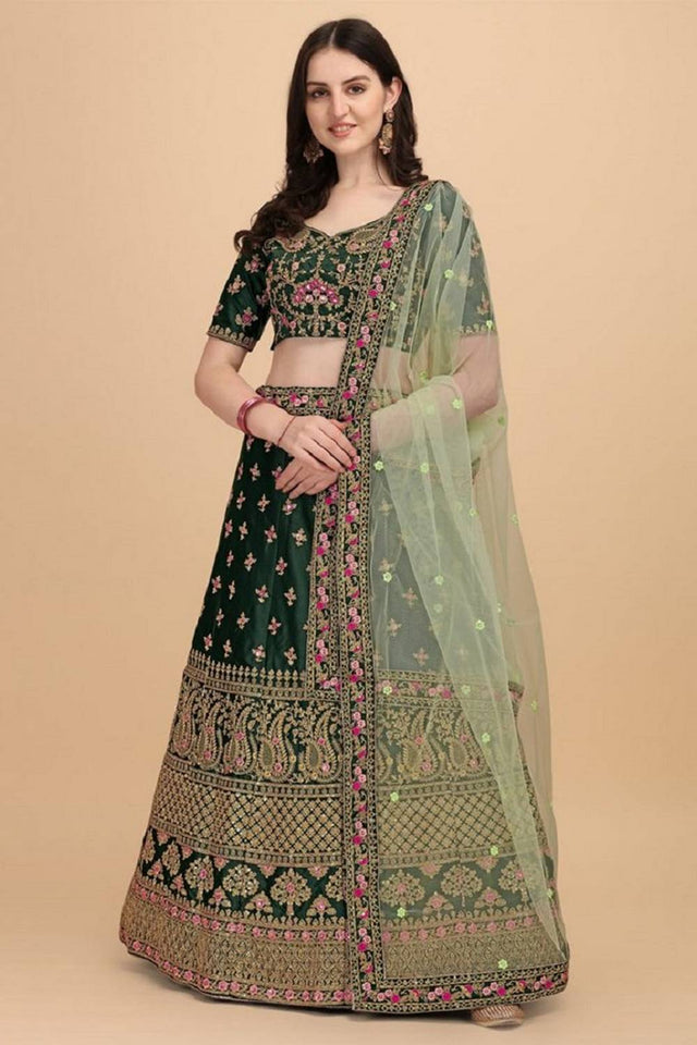 Green Floral Embroidered Art Silk Lehenga