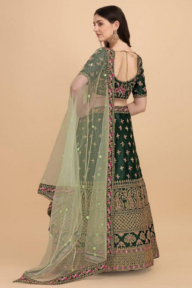Green Floral Embroidered Art Silk Lehenga