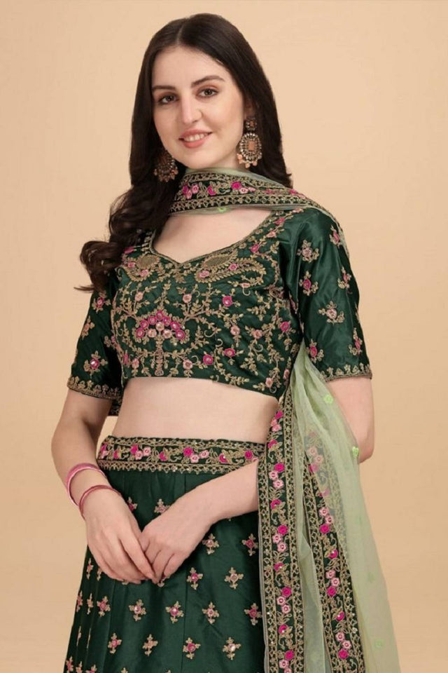 Green Floral Embroidered Art Silk Lehenga