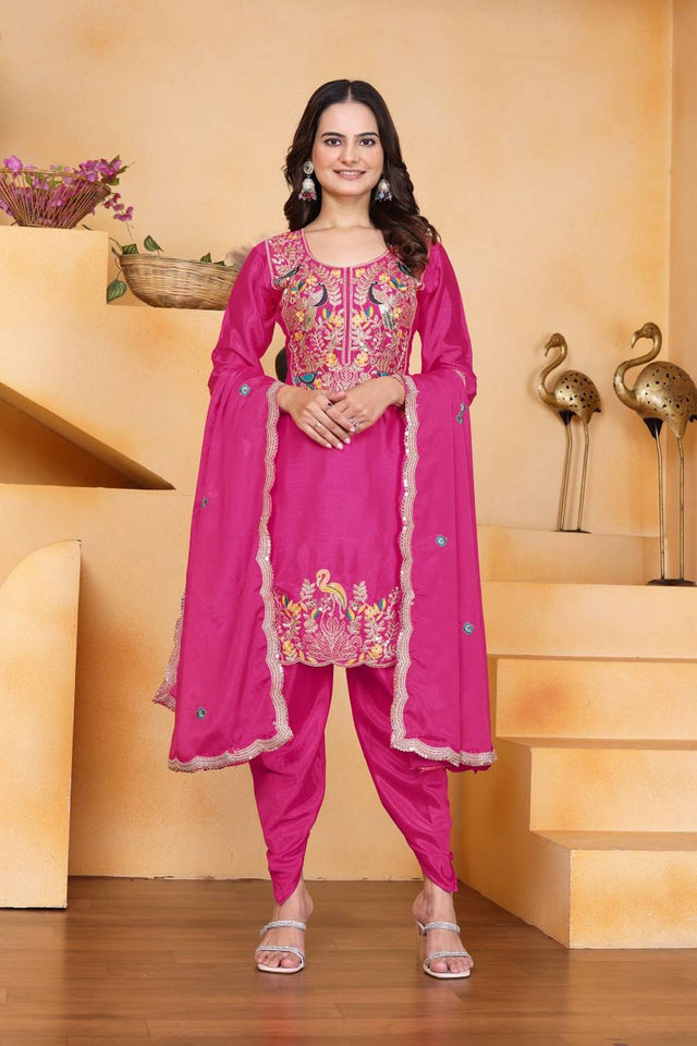 Wine Floral Embroidered Silk Punjabi Suit Set