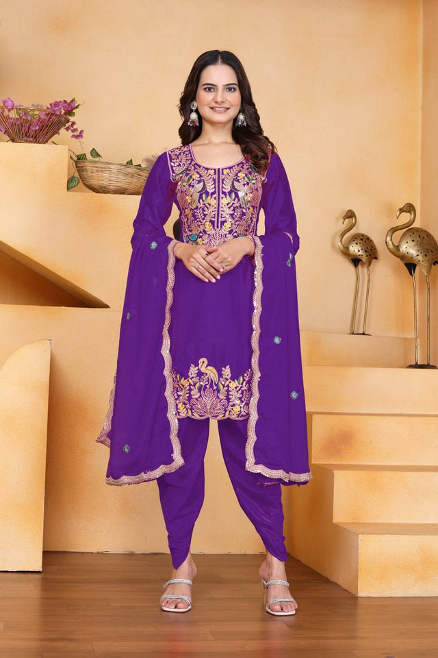 Violet Floral Embroidered Silk Punjabi Suit Set