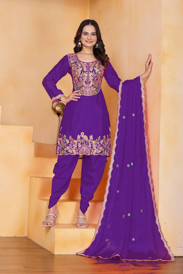 Violet Floral Embroidered Silk Punjabi Suit Set