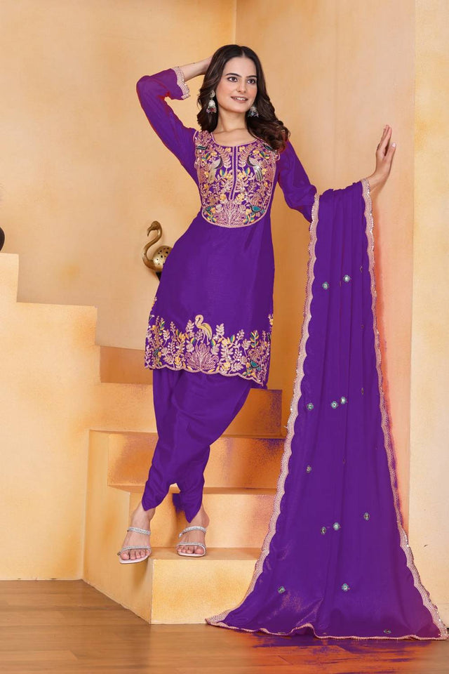 Violet Floral Embroidered Silk Punjabi Suit Set
