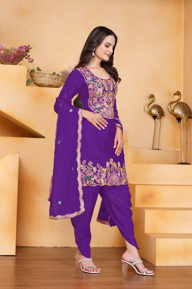Violet Floral Embroidered Silk Punjabi Suit Set