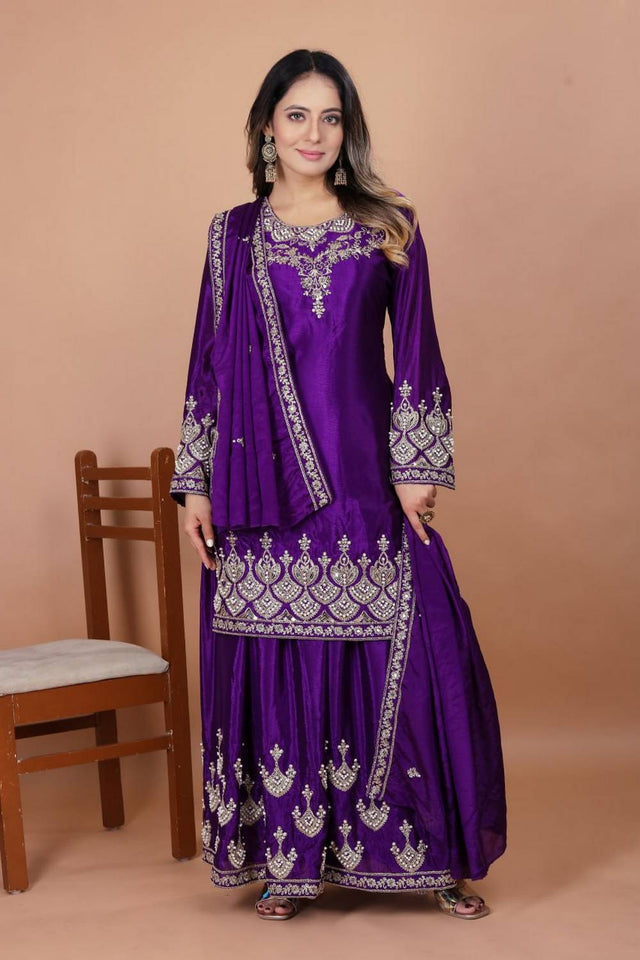 Violet Sequin with Embroidered Silk Sharara Suits