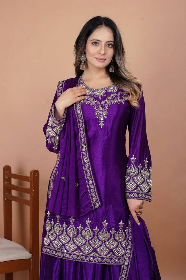 Violet Sequin with Embroidered Silk Sharara Suits