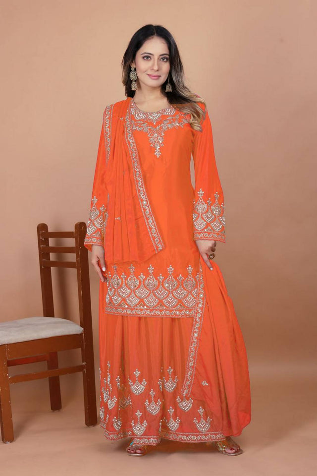 Orange Sequin with Embroidered Silk Sharara Suits