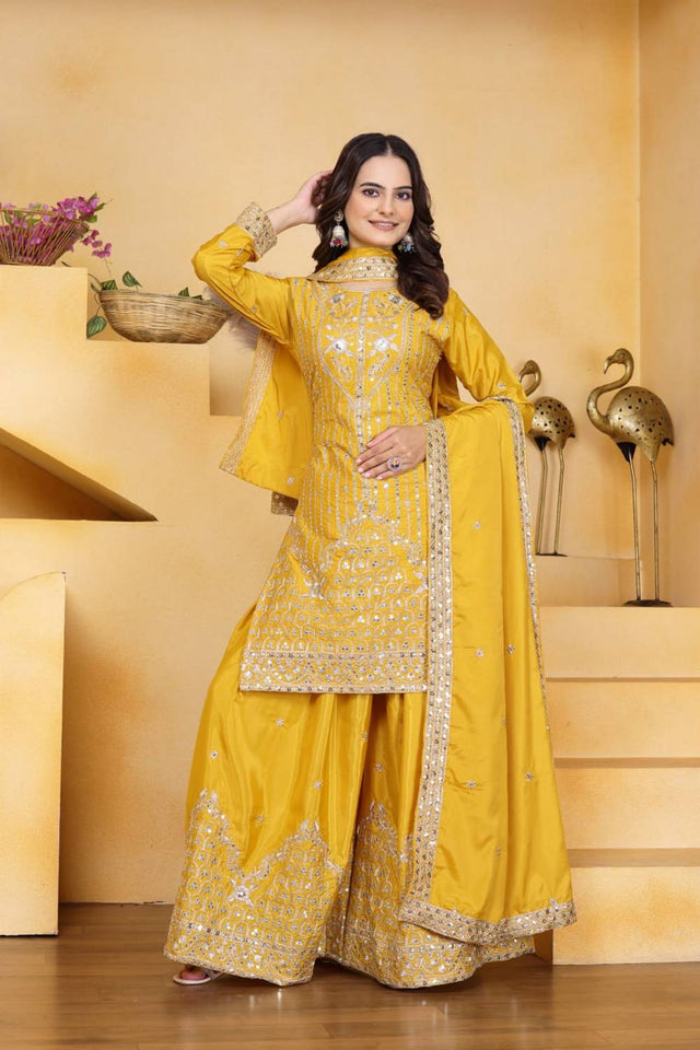 Yellow Sequin with Embroidered Silk Sharara Suits