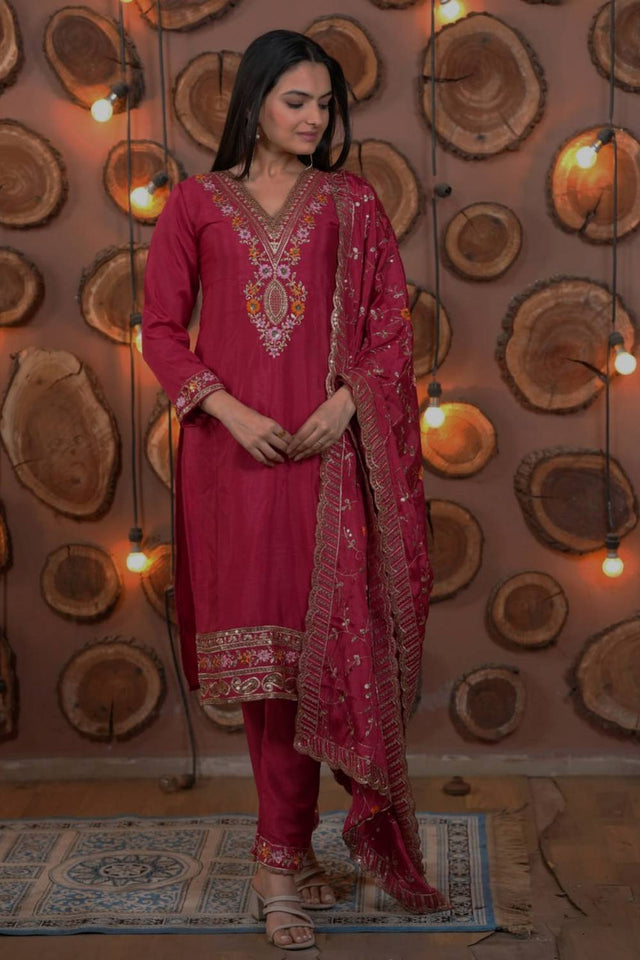Pink Floral Embroidered Silk Straight Cut Suits